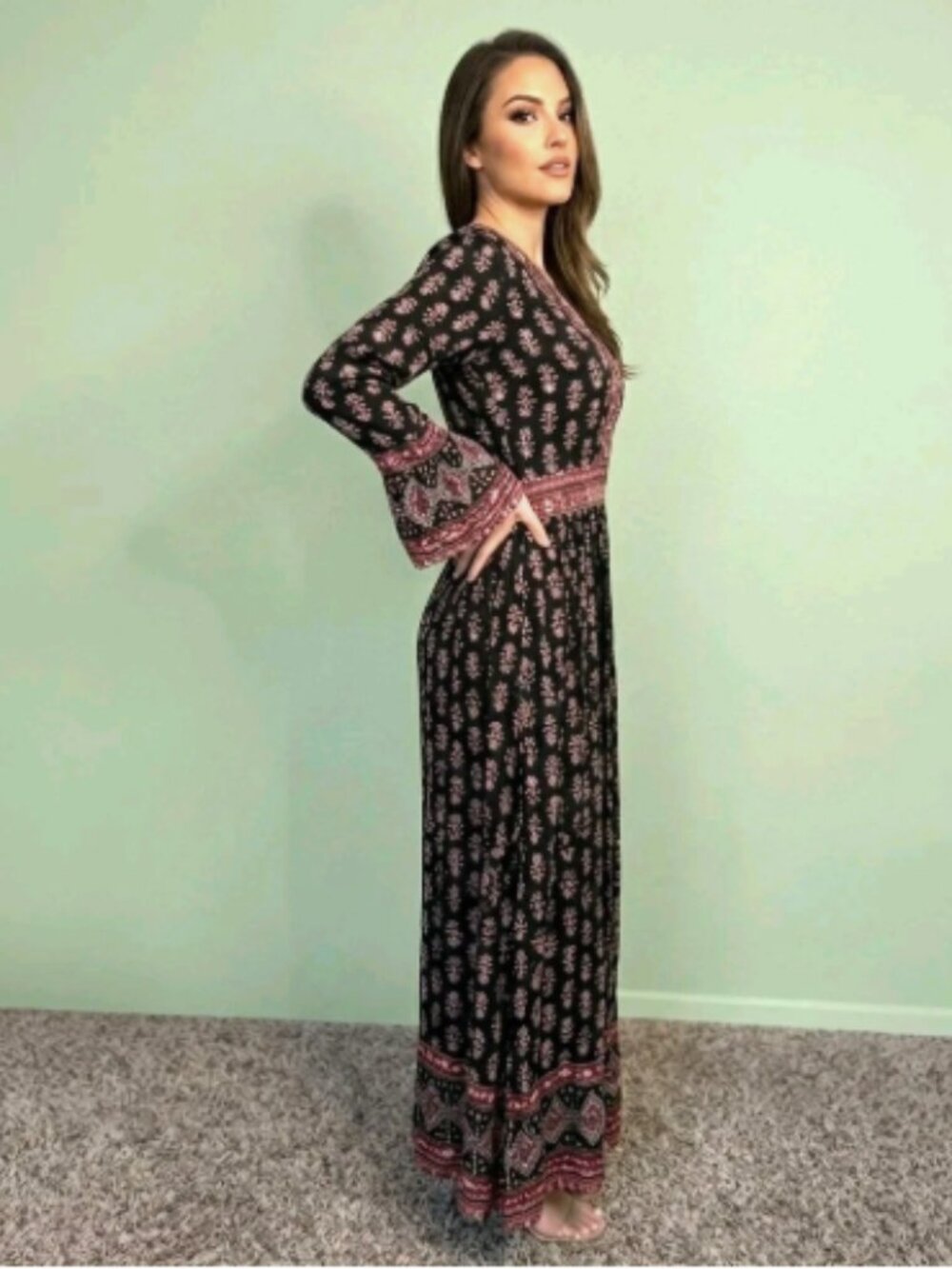 NEW Knox Rose Floral Boho Maxi Dress Bell Sleeve 2XL Black Burgundy